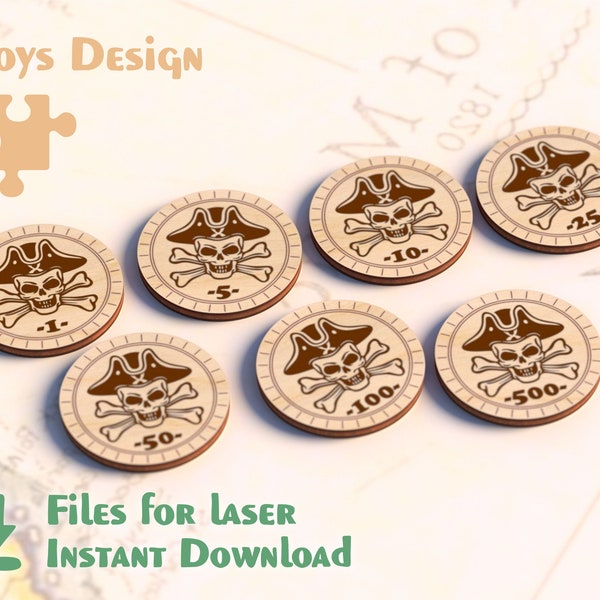 Pirate Coins coins with numbers - laser cut files - digital template for laser cutting and engraving - glowforge design - SVG DXF CDR format
