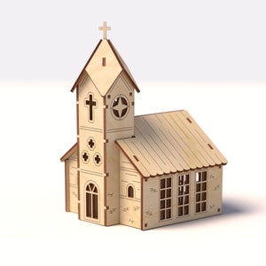 May include: A wooden model of a church with a steeple and a cross on top. The church has windows and a door, and the roof is made of wooden shingles.