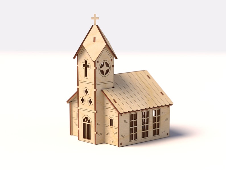 May include: A wooden model of a church with a steeple and a cross on top. The church has windows and a door, and the roof is made of wooden shingles.
