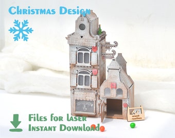 Advent Wheel - House with 6 cells - Vector Files for laser cutting, Wooden Christmas House. CDR, DXF, SVG files, Laser templates and design