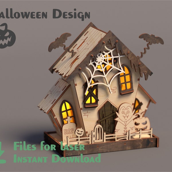 Château d’Halloween – Fichier découpé au laser - Maison d’Halloween, modèle numérique maison de l’Avent, dessins pour découpe laser et cnc: CDR, dxf, AI, SVG, pdf