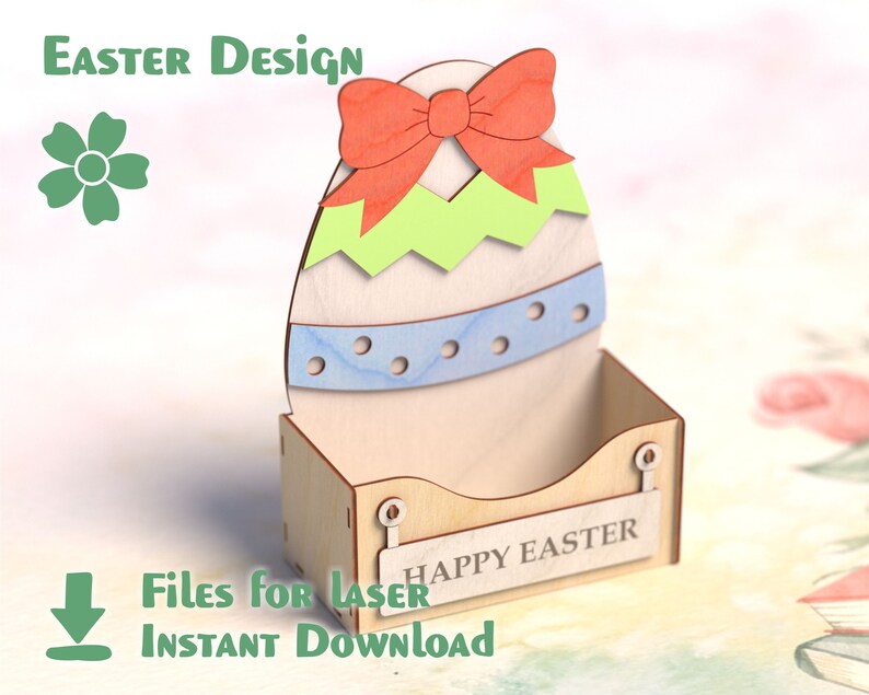 May include: A wooden Easter egg-shaped box with a red bow and the words "Happy Easter" on the front. The box is decorated with blue and green stripes and dots.