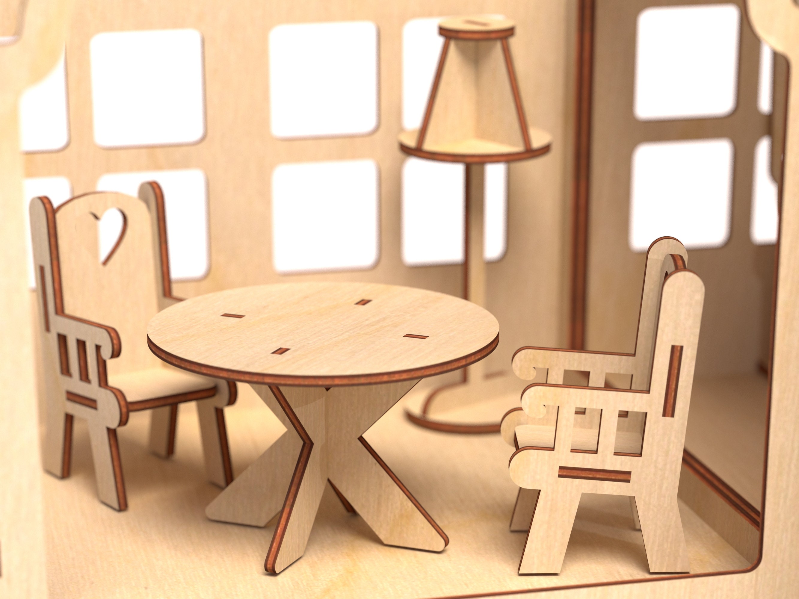 Premium Photo  Laser cut doll house with small furniture made of plywood  details with open wall on light grey