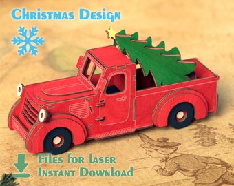 Red Christmas Truck - laser cut files. Digital template for laser machines and CNC routers, Lasr patter for Christmas design, Festive decor