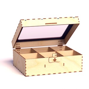 May include: A wooden box with a clear lid and six compartments. The box has a latch on the front and is made of light wood with a natural finish.