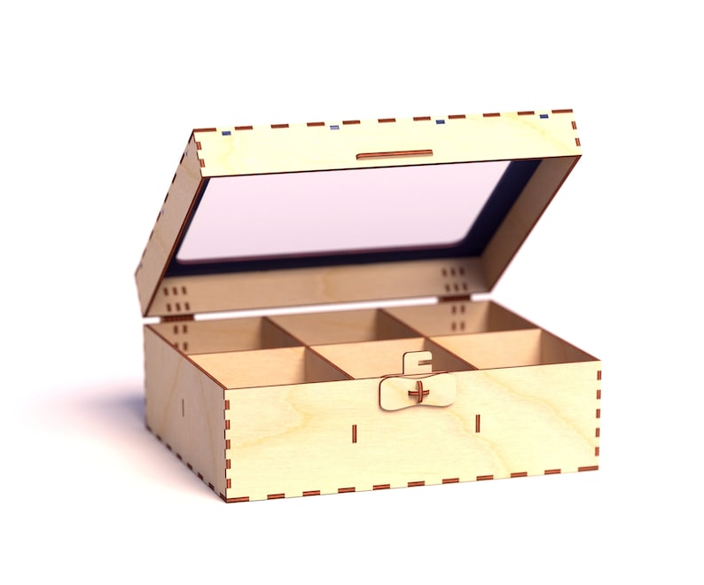 May include: A wooden box with a clear lid and six compartments. The box has a latch on the front and is made of light wood with a natural finish.