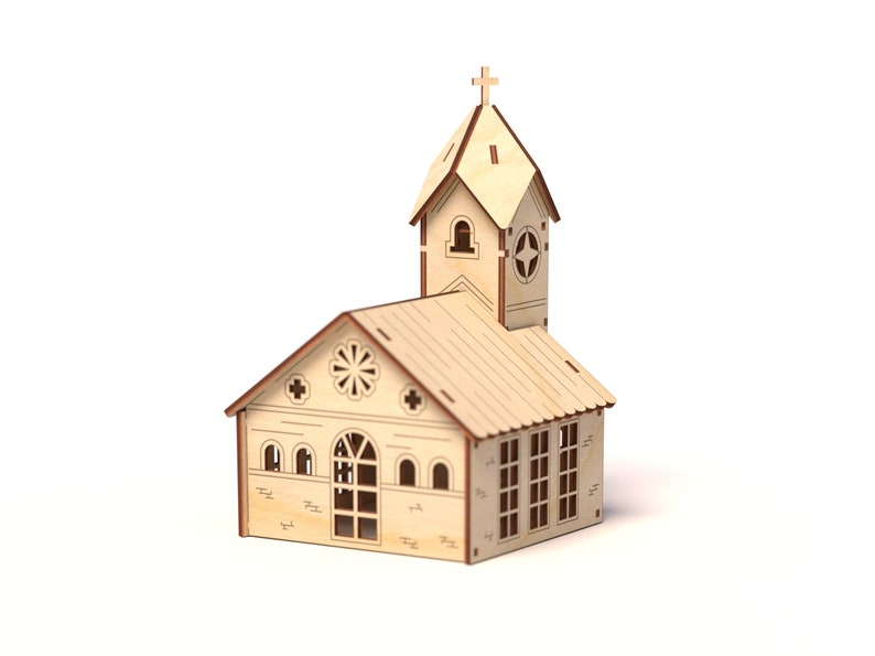 May include: A wooden model of a church with a steeple and a cross on top. The church has a brown stained finish and windows with intricate designs.