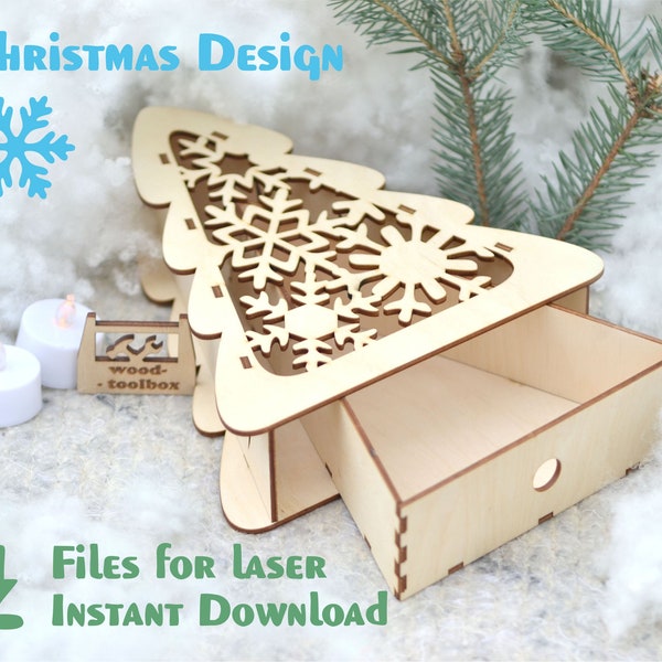 Xmas Tree Box – pliki laserowe, Drewniana choinka. Pliki wycinane laserowo SVG, PDF, CDR. Produkt cyfrowy