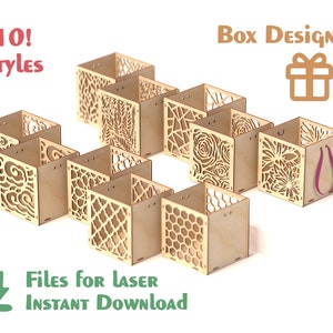 Cajas estampadas 10 estilos – Cajas decorativas cortadas por láser Cajas de madera Cortadas con láser Archivos SVG plantilla cnc corte por láser / SVG, DXF. cnc, archivo glowforge