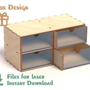 4 Drawers Desk Organizer - Laser Cut Files. Digital template wooden box with drawers. DXF files for CNC router. Laser cut shapes