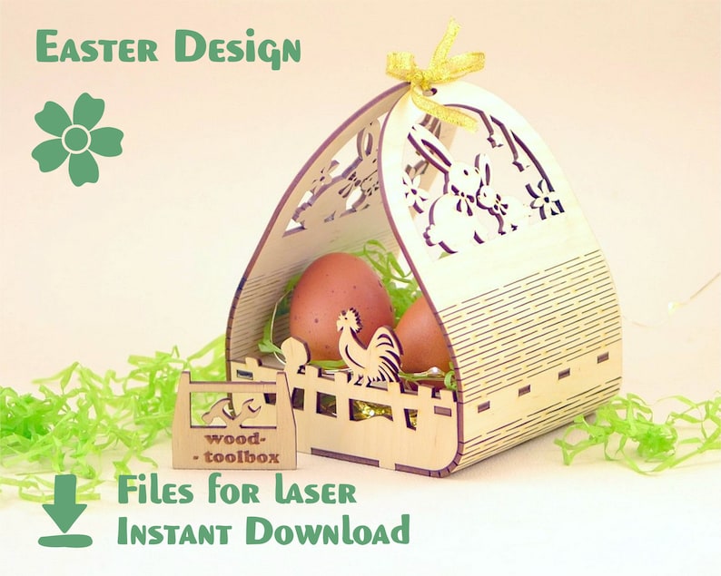 Egg Basket Laser files, Wooden Easter design. CDR, DXF, SVG files, Easter laser patterrn for cnc, Ai format image 1