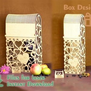 May include: A laser cut wooden box design for a bottle of wine. The box is decorated with hearts and the words "For You".