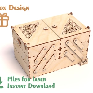 May include: A light-colored wooden box with a hinged lid, featuring floral engravings and metal hardware. The box is designed with a layered construction and includes the text "Box Design" and "Files for Laser Instant Download".
