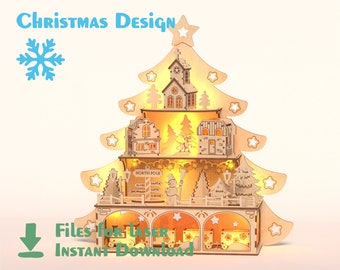 Christmas Tree Scene - Wooden Light Houses - files for laser cutting & laser engraved wood / CDR, DXF, AI formats