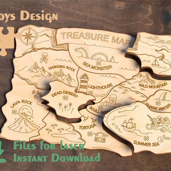 Treasure Pirate Map - Fichiers pour machines laser - Modèles et motifs vectoriels - Design pour Glowforge - Motifs de gravure