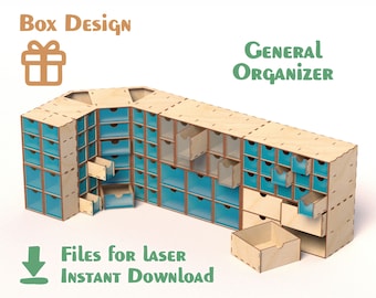May include: A wooden organizer with multiple drawers, some with clear fronts. The drawers are arranged in a rectangular shape with a corner section that is angled. The organizer is made of light wood and has a natural finish. The text "GENERAL ORGANIZER" is printed on the top of the organizer.