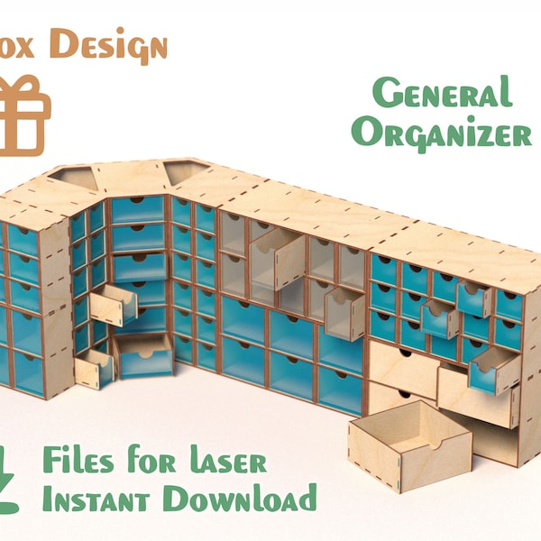 Organizzatore di composizione con cassetti - File tagliati al laser - CDR - SVG - File DXF per router cnc - Posto di lavoro multifunzionale - Instant Download