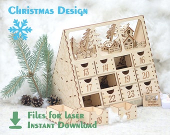 May include: A wooden Christmas advent calendar with 24 drawers, each with a number. The calendar is shaped like a triangle and has a winter scene with a church and trees on the front. The text "Files for Laser Instant Download" is at the bottom of the image.