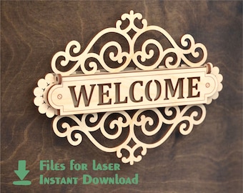Welcome Sign - Files for Laser Machines - Key holder - Design for Glowforge - engraving patterns - Pdf -Svg, Dxf Formats. Laser Cut Plywood