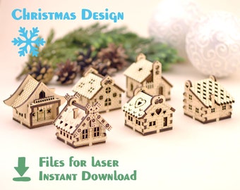 Little Christmas houses (6 pieces) – Laser cut files - Christmas village -  laser cut vector file. Christmas vector, DXF, CDR, Glowforge SVG