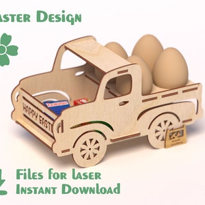 May include: Wooden truck shaped Easter egg holder with the words "Happy Easter" on the back. The truck is carrying four brown eggs in the bed.
