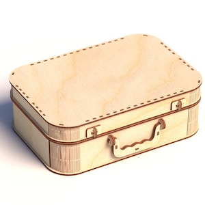 May include: A small wooden box with a hinged lid and a handle. The box is made of light wood and has a brown stain. The box has a stitched design around the edges.