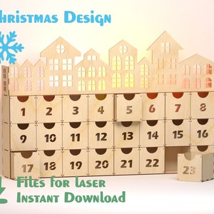 Advent Houses Laser Cut Glowforge SVG, DXF, AI Chrismas design pattern Christmas calendar, laser cut project files image 1