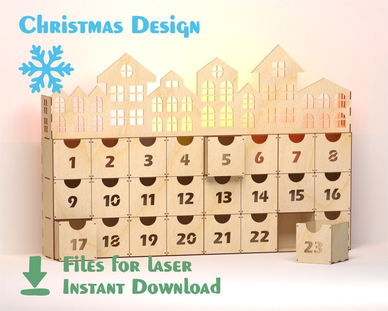 Advent Houses Laser Cut Glowforge SVG, DXF, AI Chrismas design pattern Christmas calendar, laser cut project files image 1