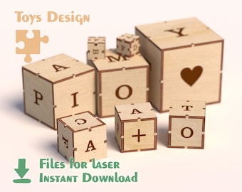 Alphabet Cubes - Modèle numérique à téléchargement instantané - Fichier SVG pour glowforge, DXF, PDF pour routeurs laser cnc. Idée de jeu pour enfants