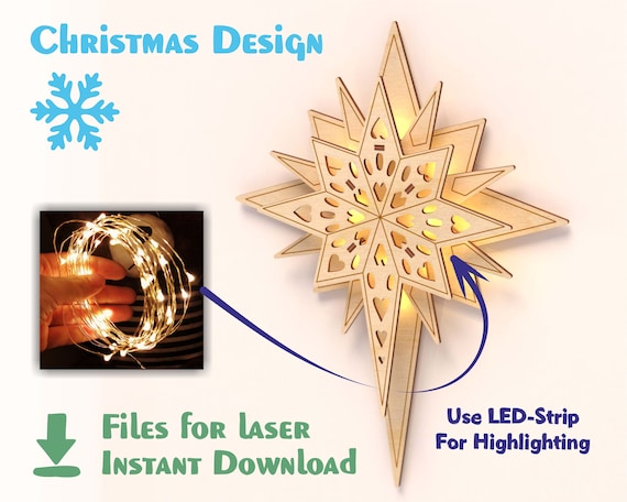 Christmas Star SVG | 3D Wooden Star Light | Laser Cut File for LED Strip | Holiday Wall Decor | Glowforge CNC Instant Download