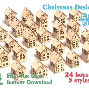 Adventshuizen - Laser cut - SVG, DXF, AI - Kerstontwerp - patroon Kerstkalender