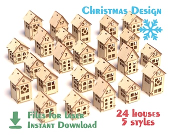 Domy adwentowe-wycinane laserowo-SVG, DXF, AI-Chrismas Design-wzór kalendarza świątecznego