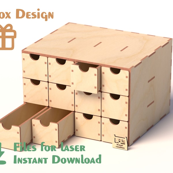 Box organizer with deep 12 drawers  – Laser Cut Files - SVG+DXF+PDF+Ai - Glowforge Files - Instant Download