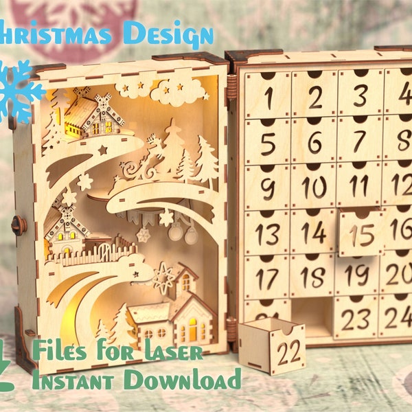 Buch-Adventskalender - Weihnachtsdorf - Digitale Vorlage für einen Tannenbaum-Kalender. CDR, SVG-Dateien