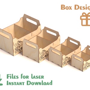 May include: Four wooden boxes with decorative floral designs and handles. The boxes are nested inside each other, with the largest box at the top and the smallest box at the bottom. The boxes are made of light brown wood and have a natural finish.
