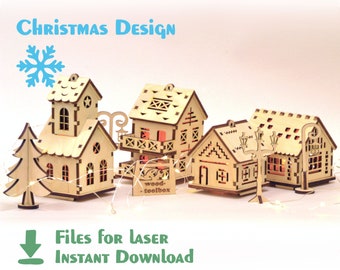 Christmas Village - Christmas cute houses - Laser cut file. Cnc router plans. DXF SVG CDR. Vector plans. Instant download file cnc