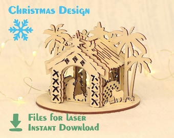 May include: A wooden Christmas nativity scene with a thatched roof, palm trees, and figures of Mary, Joseph, and the baby Jesus. The scene is designed to be assembled and is perfect for a holiday decoration.