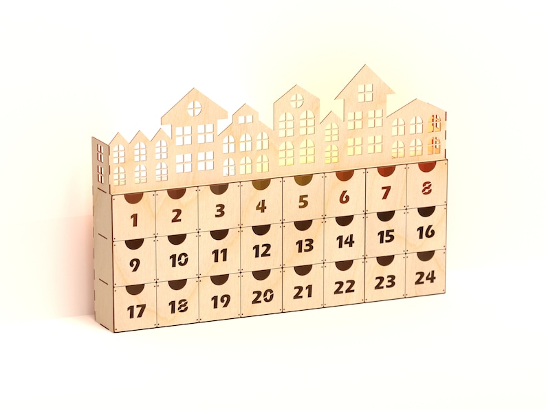 Advent Houses Laser Cut Glowforge SVG, DXF, AI Chrismas design pattern Christmas calendar, laser cut project files image 2