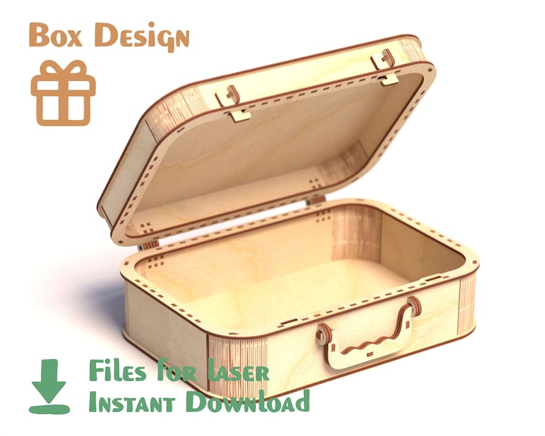 May include: A wooden box with a hinged lid and a handle. The box is open and the inside is empty. The box is made of light wood and has a brown stain. The box is designed to be cut out with a laser cutter.