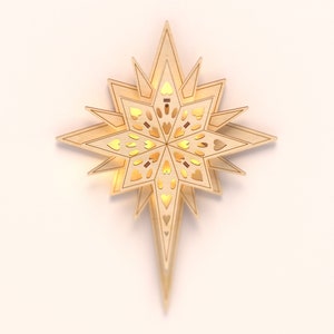 May include: A wooden star-shaped Christmas tree topper with a light brown finish and intricate cutouts in the shape of hearts. The star is illuminated from within, creating a warm glow.