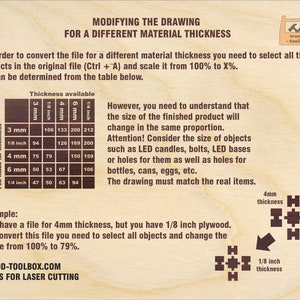 May include: A diagram showing how to scale a laser cutting file for different material thicknesses. The diagram shows a table with measurements for 3mm, 4mm, 6mm, and 1/4 inch materials. The diagram also shows a visual example of how to scale a file from 4mm to 1/8 inch.