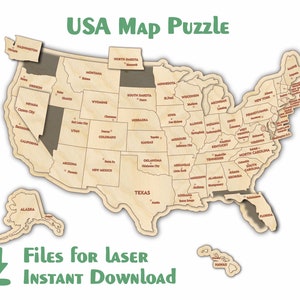 US Landkarte - Holzpuzzle - Laser geschnitten SVG, CDR Digitales Produkt - Instant Download - Puzzle Map