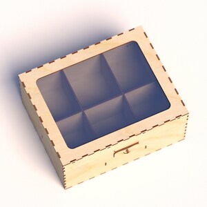May include: A wooden box with a clear lid and six compartments. The box has a brown wood grain finish and a small metal latch.