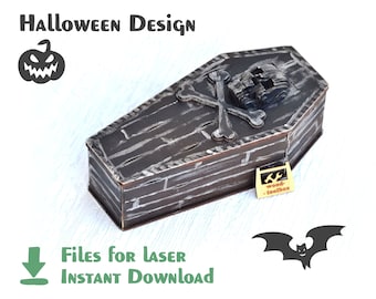 Laser Cut Files Halloween Coffin Box – Glowforge SVG files. Digital pattern DXF files for CNC laser router