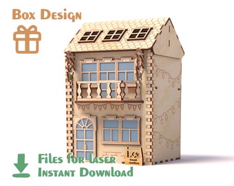 House box with 2 cells –  Laser cut files SVG, PDF, CDR Digital product. Wooden house box