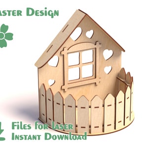 May include: A wooden house with a fence and heart cutouts. The house has a window with four panes. The text "Easter Design" is at the top of the image.