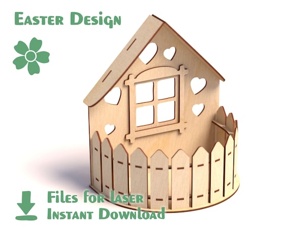 House with Fence – Laser Cut Files. Easter craft kits for kids / SVG Digital template Easter design / DXF files for CNC laser cutting router