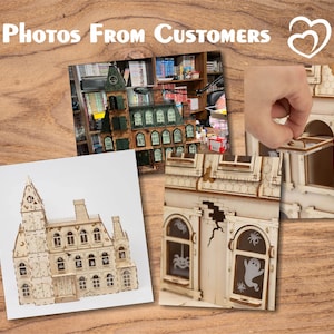 May include: Photos From Customers text above a collage of wooden model houses. One model is a detailed mansion, another is a multi-story building, and a third shows a hand opening a window on a model house. The houses have intricate details.