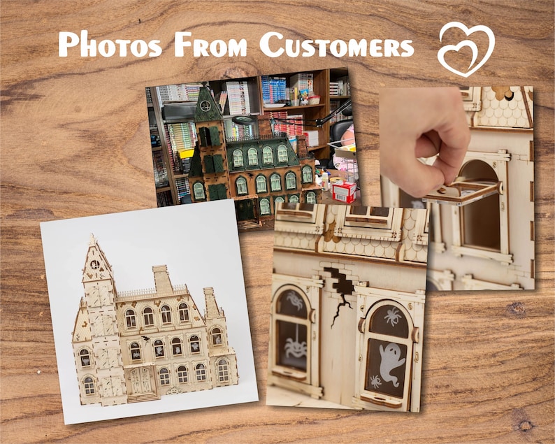 May include: Photos From Customers text above a collage of wooden model houses. One model is a detailed mansion, another is a multi-story building, and a third shows a hand opening a window on a model house. The houses have intricate details.