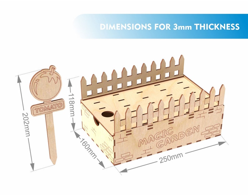May include: A wooden Magic Garden planter box with a picket fence design, a tomato plant marker, and dimensions for 3mm thickness. The planter box is 250mm long, 160mm high, and 118mm wide. The tomato marker is 202mm tall.
